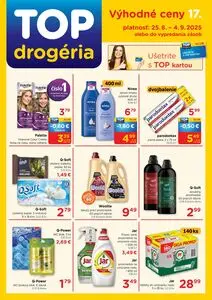 Propagačné noviny TOP drogéria, platné od 2025-08-25 do 2025-09-04.