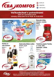 Propagačné noviny CBA KOMFOS, platné od 2025-09-19 do 2025-09-30.