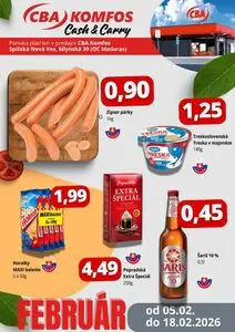 Propagačné noviny CBA KOMFOS, platné od 2026-02-05 do 2026-02-18.