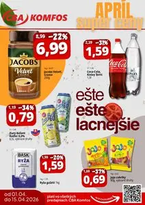 Propagačné noviny CBA KOMFOS, platné od 2026-04-01 do 2026-04-15.