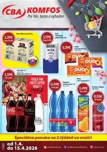 Propagačné noviny CBA KOMFOS, platné od 2026-04-01 do 2026-04-15.