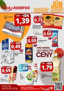 Propagačné noviny CBA KOMFOS, platné od 2026-06-01 do 2026-06-30.
