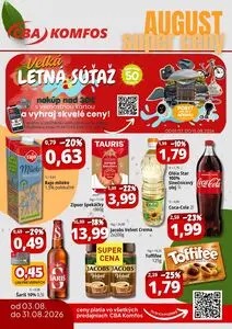 Propagačné noviny CBA KOMFOS, platné od 2026-08-03 do 2026-08-31.