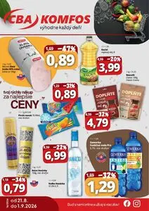 Propagačné noviny CBA KOMFOS, platné od 2026-08-21 do 2026-09-01.