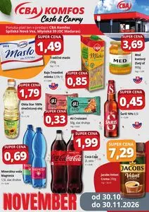 Propagačné noviny CBA KOMFOS, platné od 2026-10-30 do 2026-11-30.
