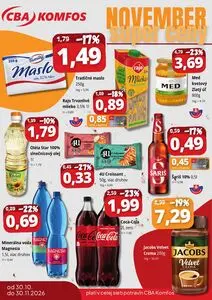 Propagačné noviny CBA KOMFOS, platné od 2026-10-30 do 2026-11-30.